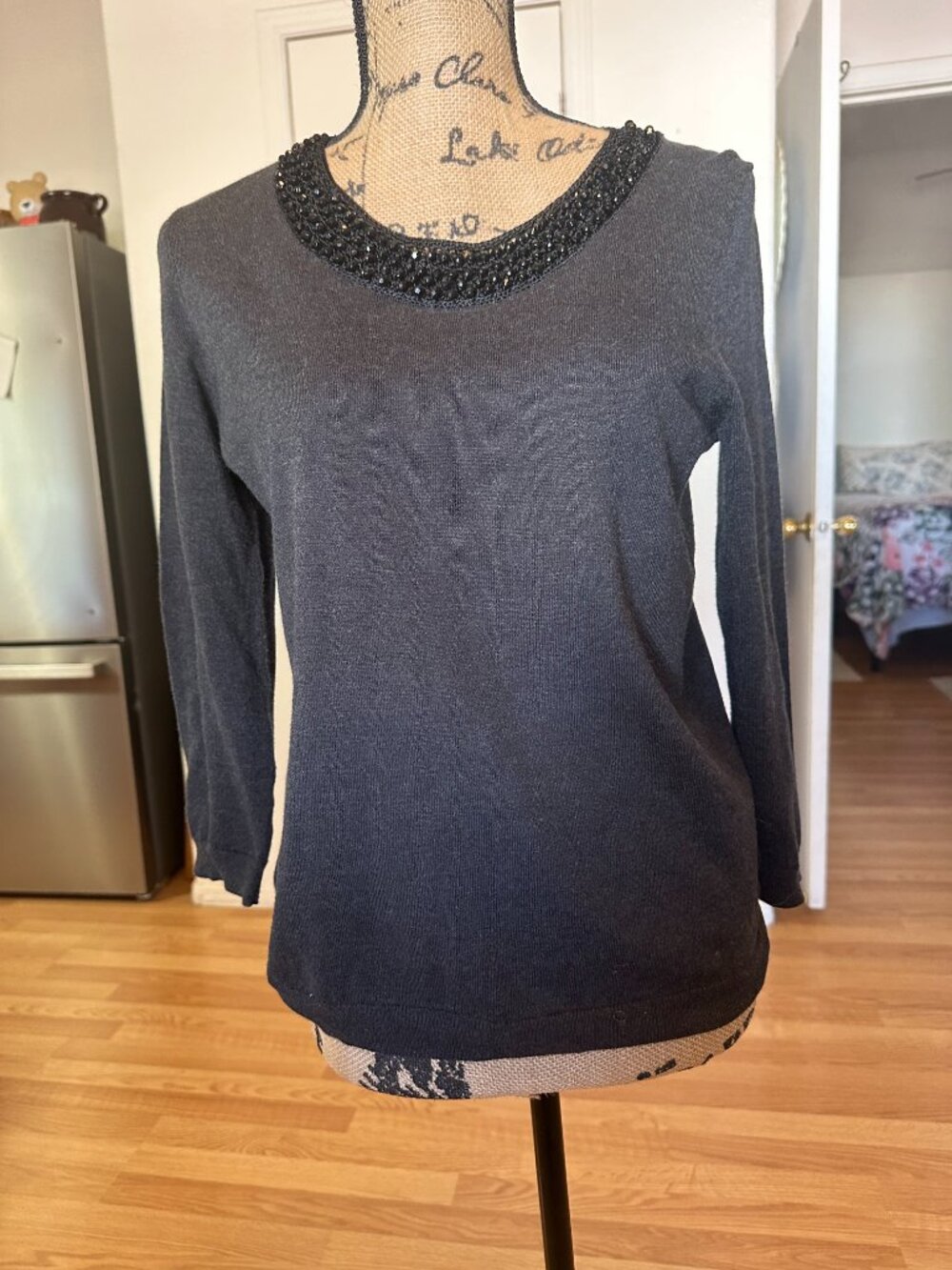 Ann Taylor Size M Womens Sweater Black with Black Beaded Neckline